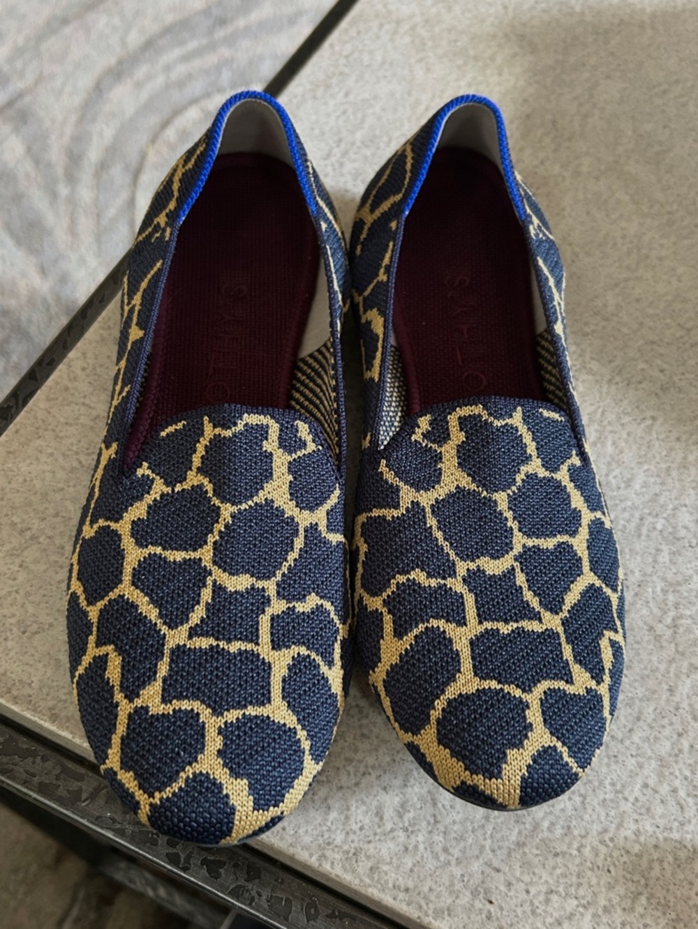 NEW ROTHY'S Indigo Giraffe Loafers  Sz 8.5 Blue & Gold